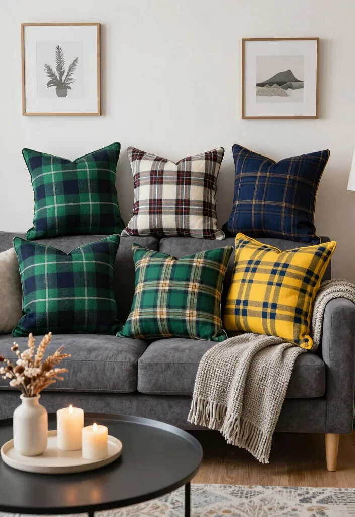 15 Tartan Living Room Ideas: Warm Classic Patterns - 2. Tartan Accent Pillows 1