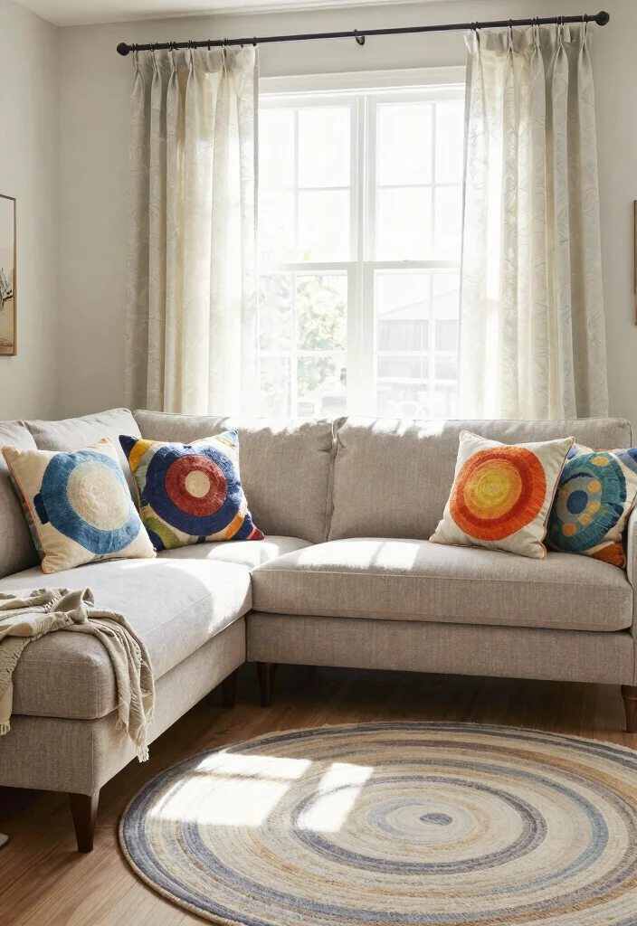 16 Circle Living Room Ideas: Unique Flowing Layouts - 12. Circular Themes in Textiles and Patterns 1