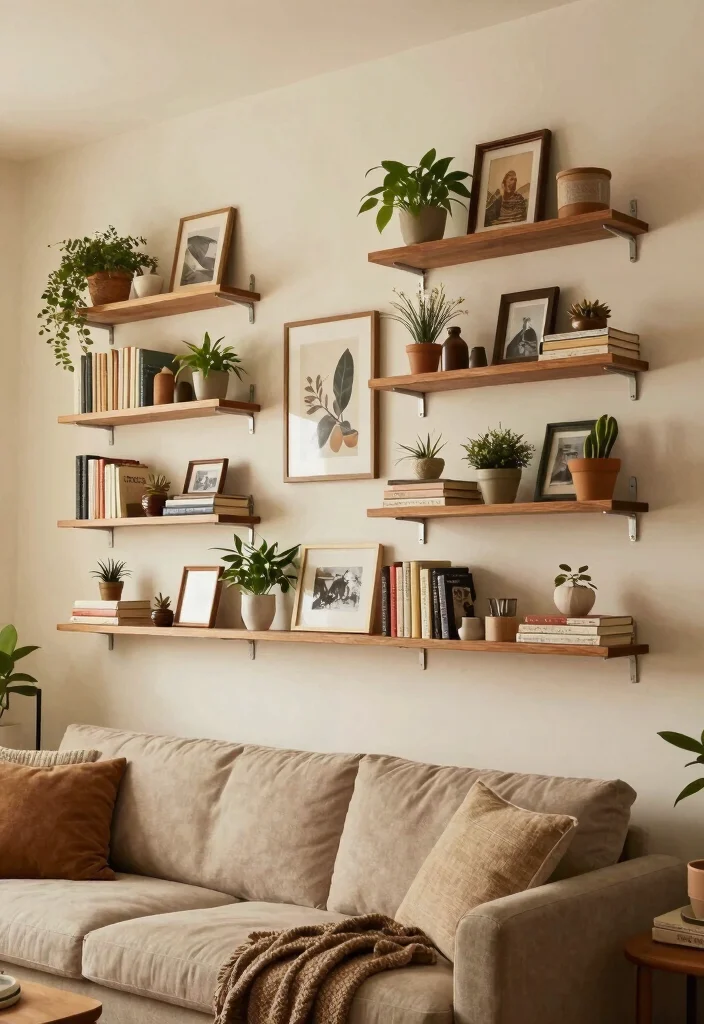 16 Downstairs Living Room Ideas: Cozy Practical Layouts - 4. Wall-Mounted Shelves for Storage 1