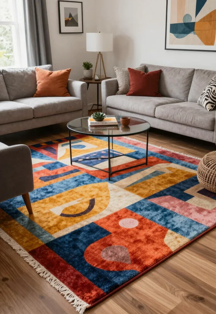 16 Front Living Room Ideas Welcoming and Stylish - 7. Statement Rugs 1
