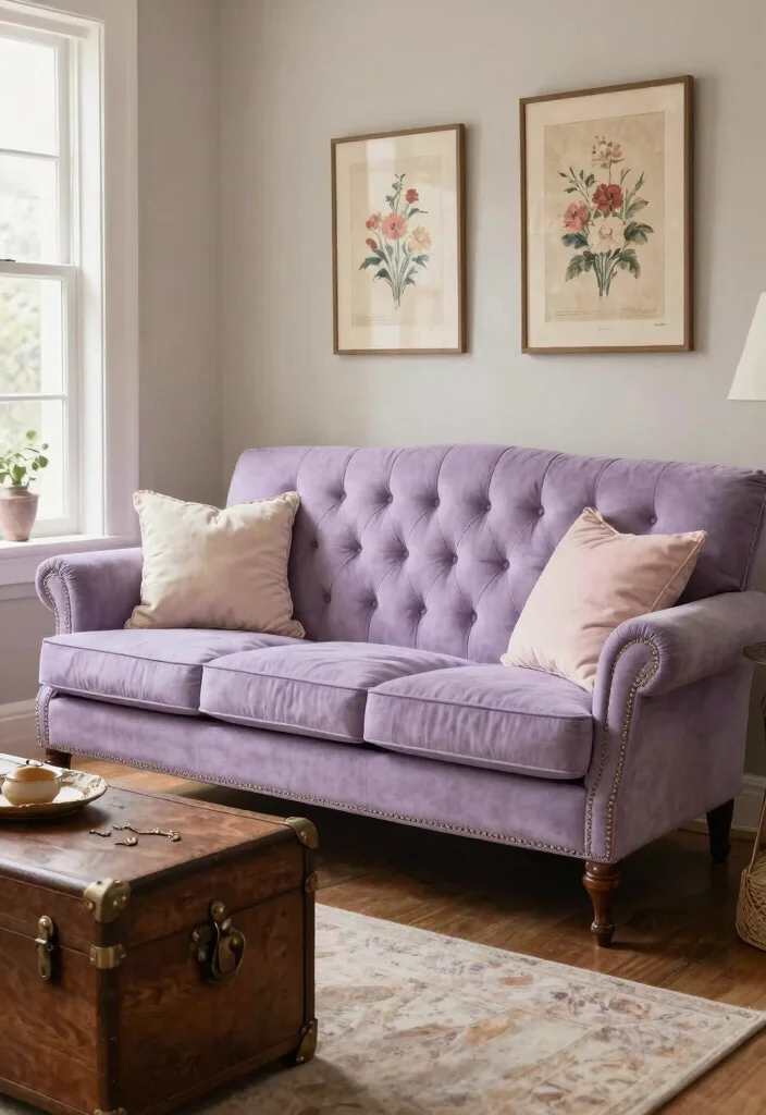 16 Lavender Living Room Ideas: Soft, Calm, and Dreamy - 1. Vintage Lavender Sofa 1