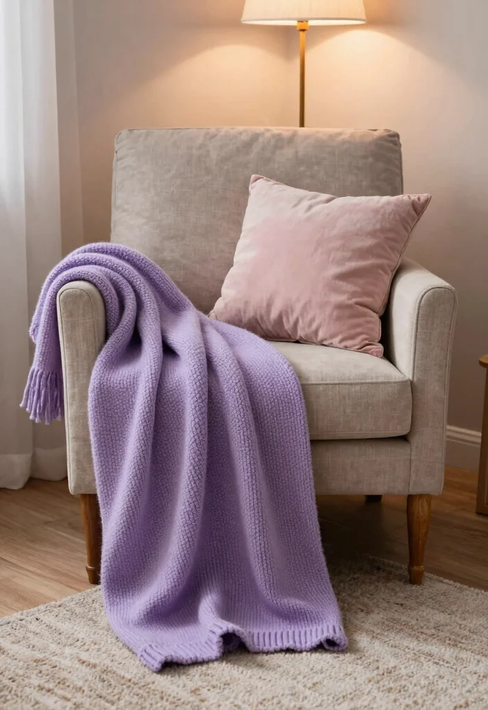 16 Lavender Living Room Ideas: Soft, Calm, and Dreamy - 5. Cozy Lavender Knit Blankets 1