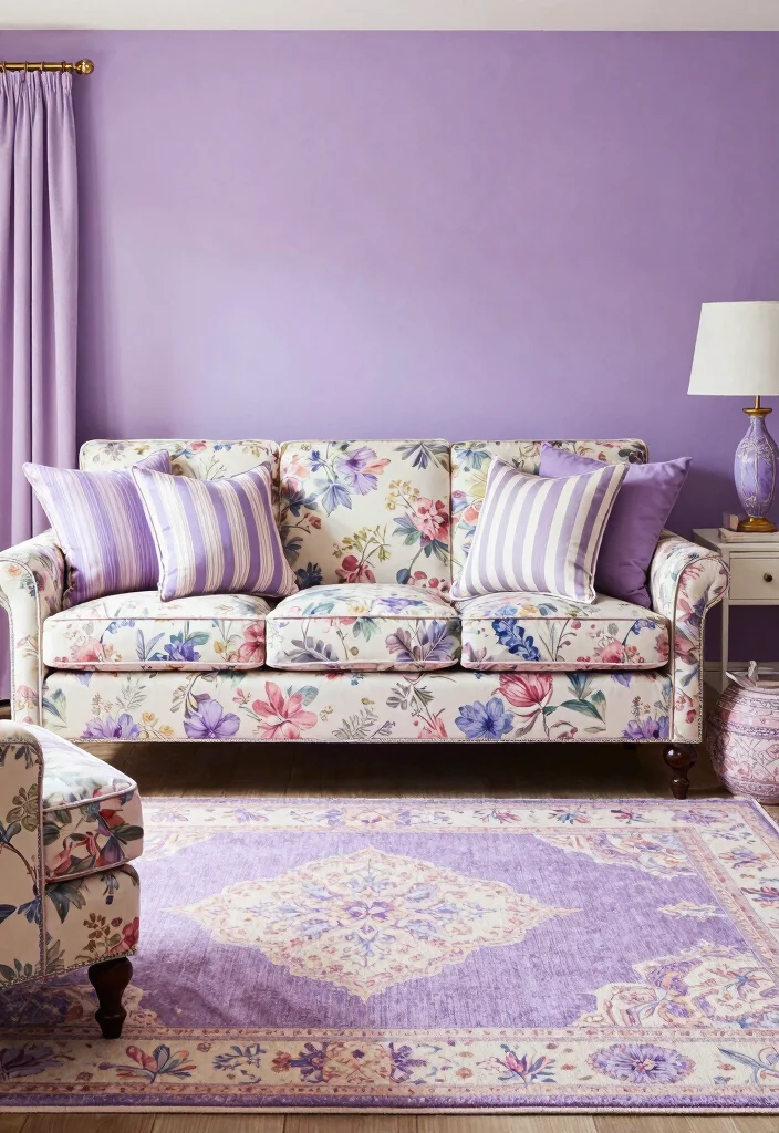 16 Lavender Living Room Ideas: Soft, Calm, and Dreamy - 9. Mixing Patterns 1