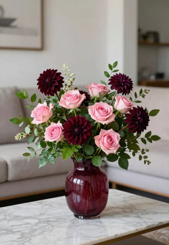 16 Living Room Burgundy Ideas: Rich, Warm, and Sophisticated - 11. Burgundy Floral Arrangements 1