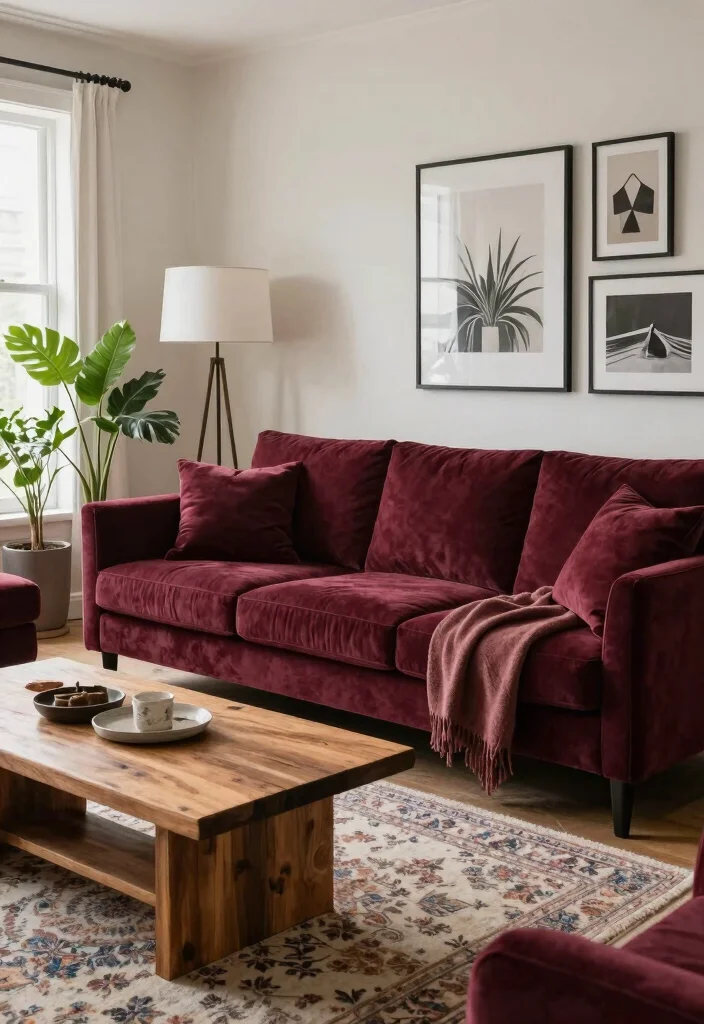 16 Living Room Burgundy Ideas: Rich, Warm, and Sophisticated - 2. Burgundy Sofa Statement 1