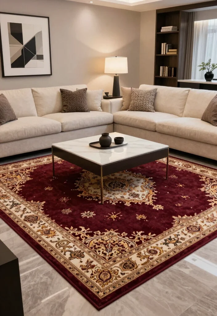 16 Living Room Burgundy Ideas: Rich, Warm, and Sophisticated - 4. Stylish Burgundy Rugs 1