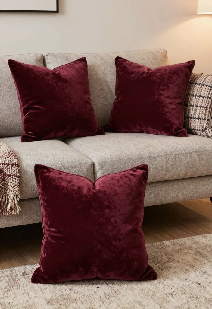 16 Living Room Burgundy Ideas: Rich, Warm, and Sophisticated - 8. Textured Burgundy Pillows 1