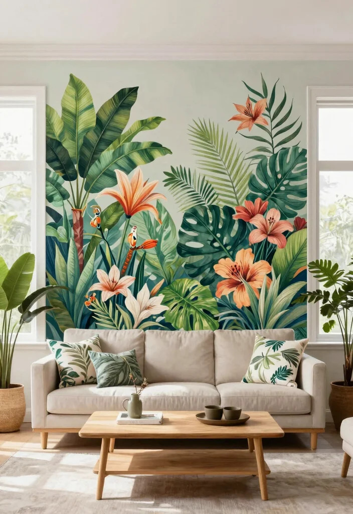 16 Living Room Mural Ideas for Artistic Statement Walls - 1. Nature's Embrace: Botanical Murals 1
