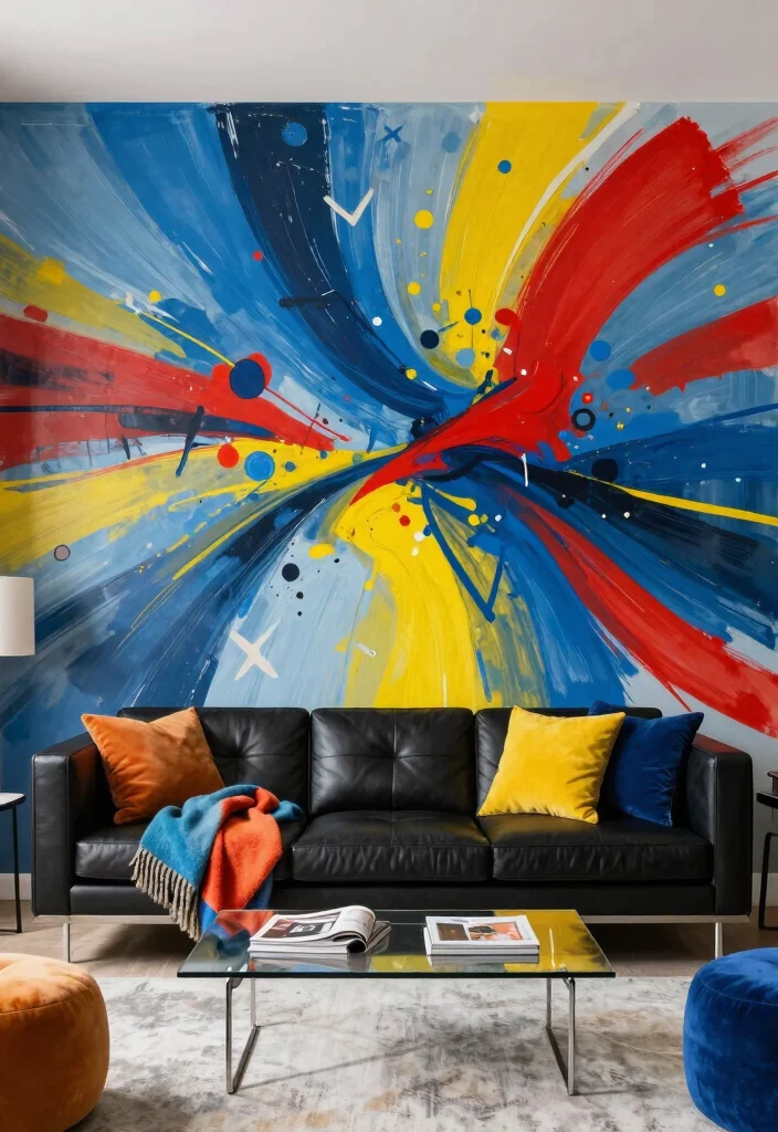 16 Living Room Mural Ideas for Artistic Statement Walls - 2. Abstract Artistry: Bold and Vibrant Designs 1