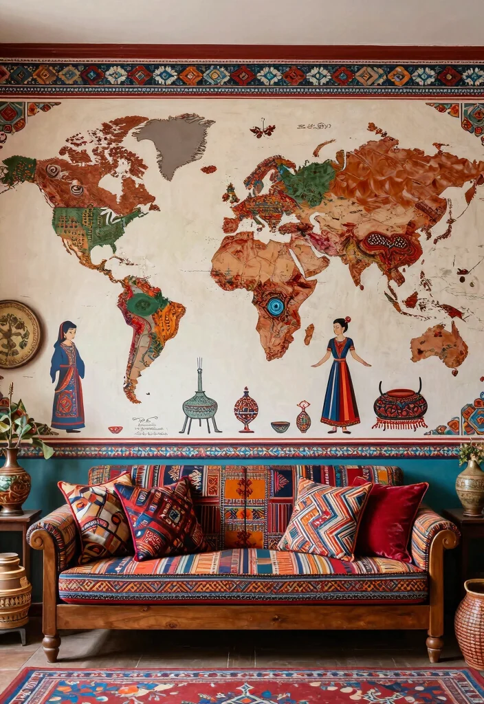 16 Living Room Mural Ideas for Artistic Statement Walls - 8. Global Influence: Cultural Murals 1