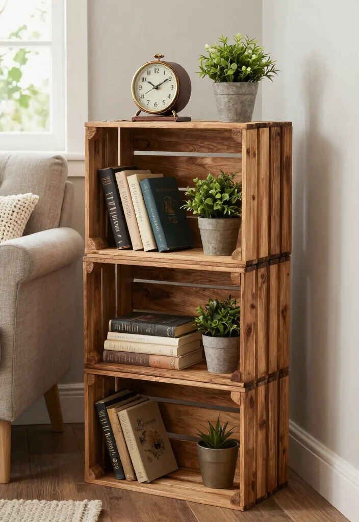 16 Living Room Shelving Ideas Practical and Decorative - 2. Rustic Charm with Wooden Crates 1