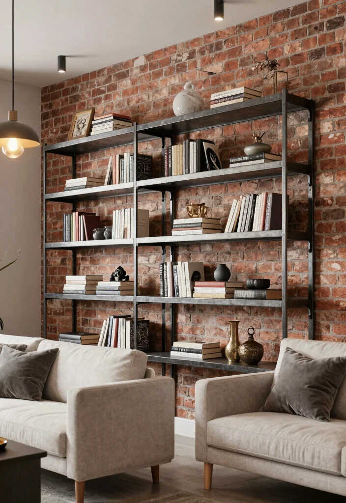 16 Living Room Shelving Ideas Practical and Decorative - 6. Industrial-Style Metal Shelves 1