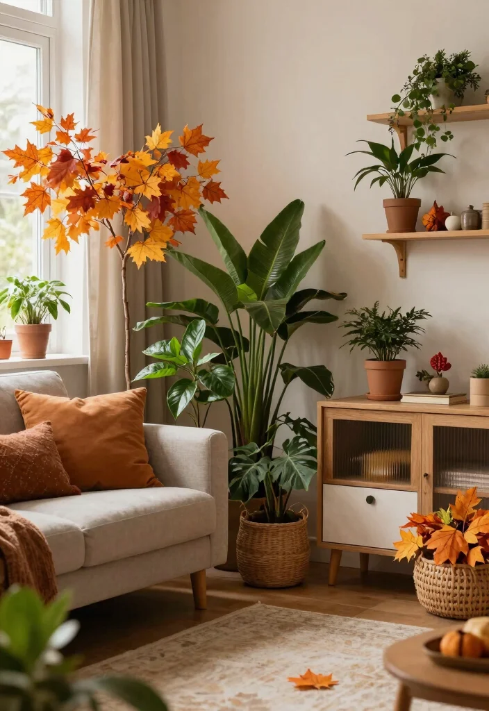 16 Plant Aesthetic Living Room Ideas for Lush Cozy Decor - 16. Seasonal Decor with Plants 1