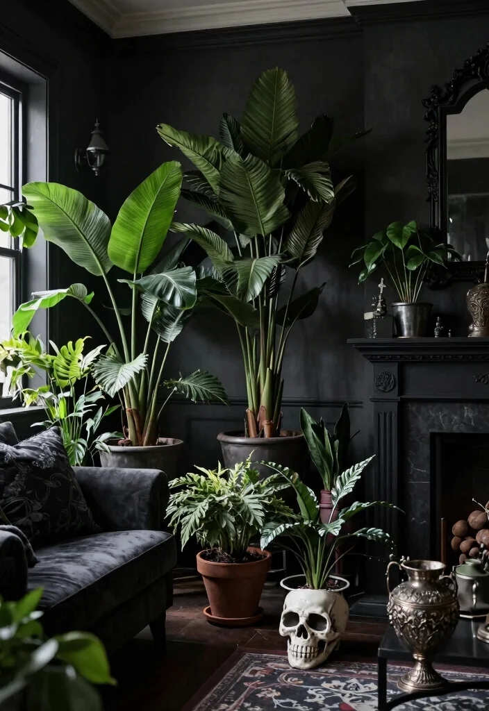 17 Creepy Living Room Ideas for a Dark Moody Aesthetic - 10. Mysterious Indoor Plants 1