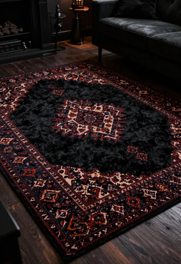 17 Creepy Living Room Ideas for a Dark Moody Aesthetic - 14. Layered Rugs for Extra Comfort 1