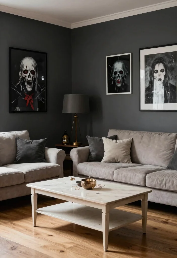 17 Creepy Living Room Ideas for a Dark Moody Aesthetic - 2. Dark Walls, Light Accents 1