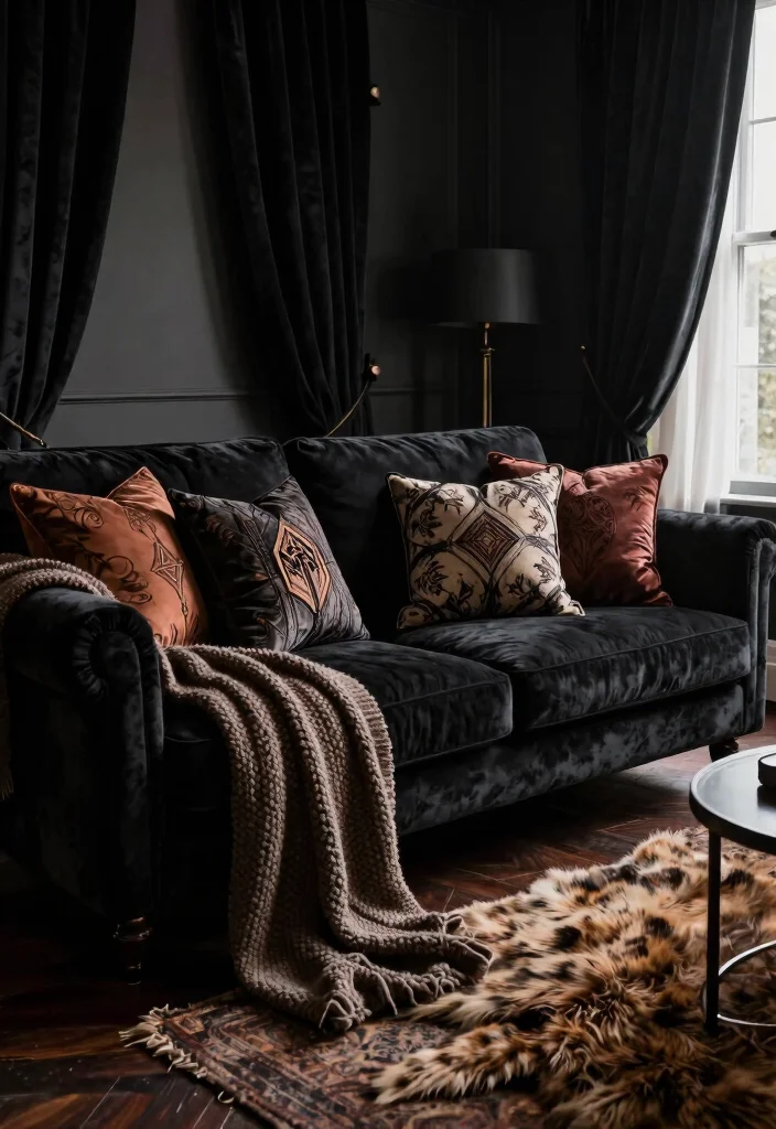17 Creepy Living Room Ideas for a Dark Moody Aesthetic - 5. Dark Textiles and Patterns 1
