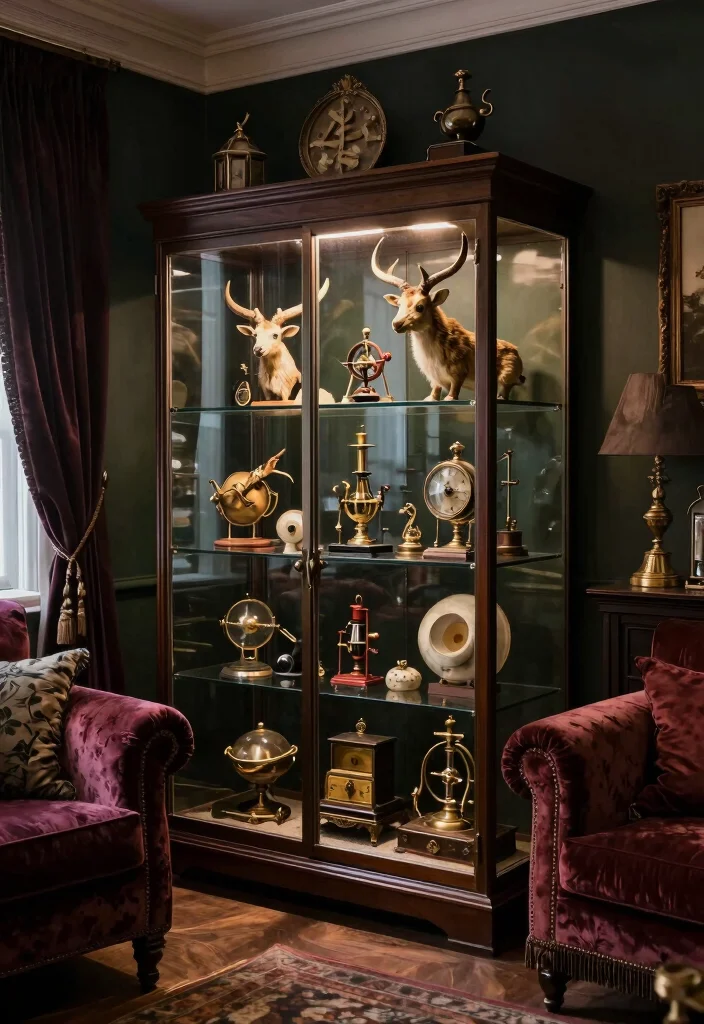 17 Creepy Living Room Ideas for a Dark Moody Aesthetic - 6. Curated Curiosities Corner 1