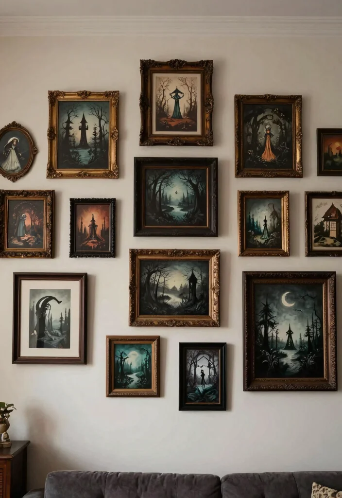 17 Creepy Living Room Ideas for a Dark Moody Aesthetic - 8. Whimsical Wall Art 1