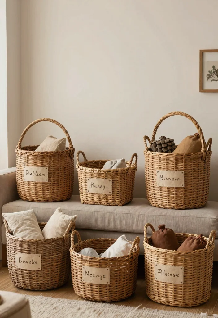 17 Living Room Basket Ideas Stylish Storage Solutions - 15. Seasonal Basket Storage 1