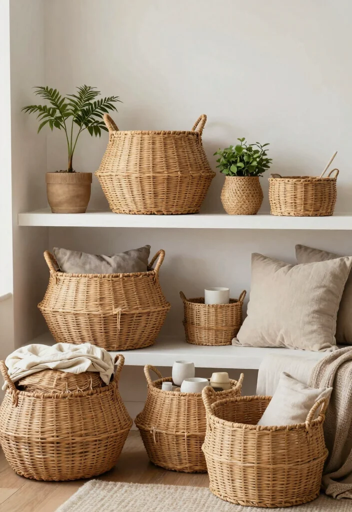 17 Living Room Basket Ideas Stylish Storage Solutions - 7. Stylish Rattan Baskets 1