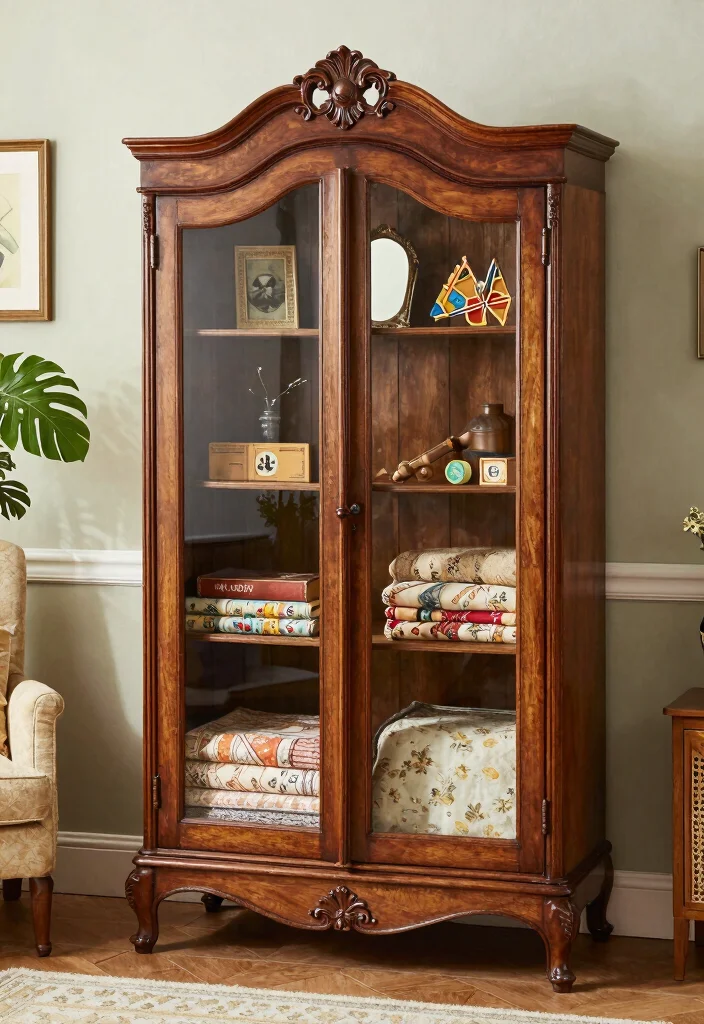 18 Living Room Display Cabinet Ideas: Stylish Showpieces - 7. Antique Wardrobe Display Cabinet 1