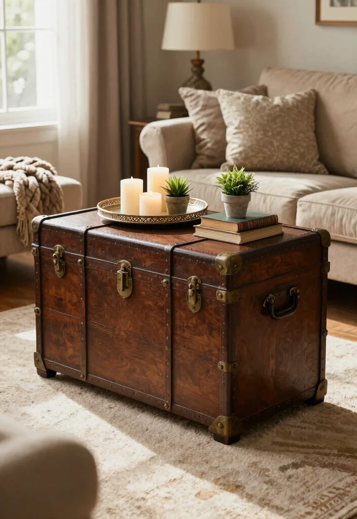18 Living Room Display Cabinet Ideas: Stylish Showpieces - 9. Vintage Trunk as a Cabinet 1