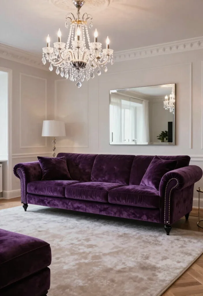 18 Living Room Purple Ideas: Bold Elegant Color Palettes - 16. Glamorous Purple with Crystal Accents 1