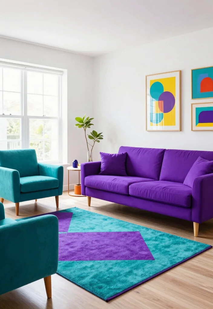18 Living Room Purple Ideas: Bold Elegant Color Palettes - 4. Playful Purple and Teal Combo 1