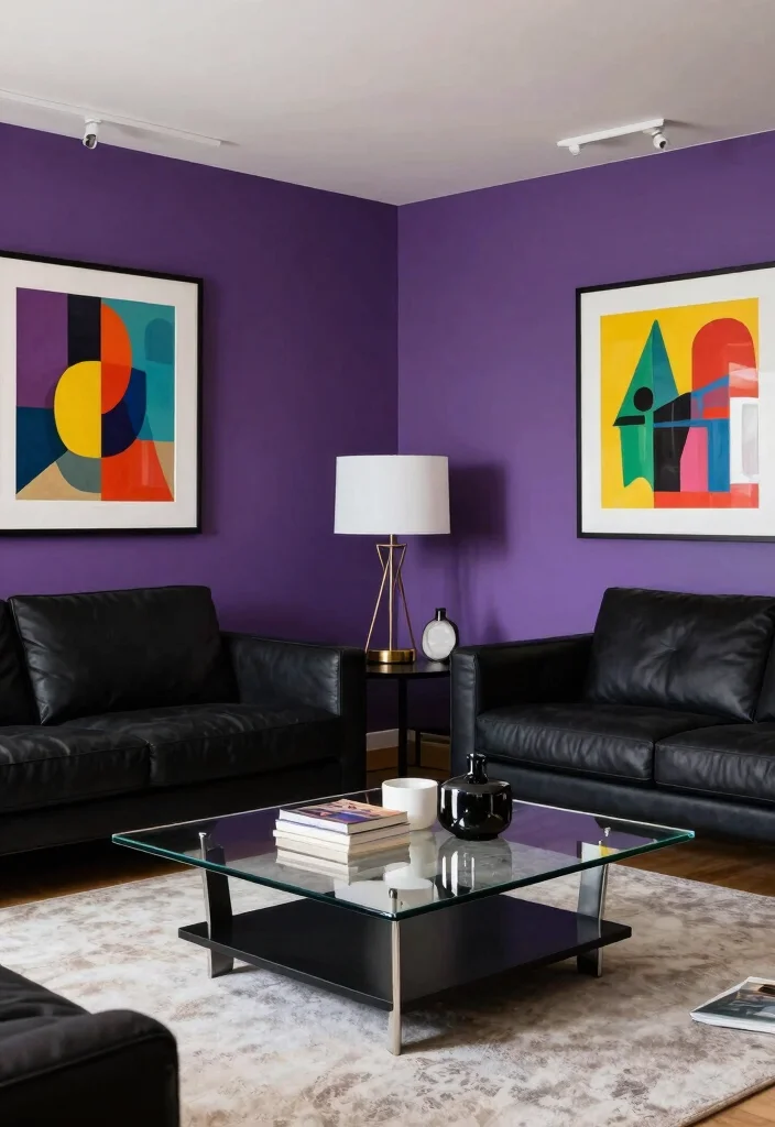 18 Living Room Purple Ideas: Bold Elegant Color Palettes - 9. Modern Purple and Black Design 1