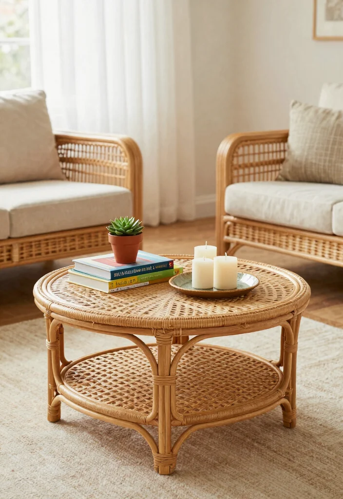 18 Rattan Living Room Decorating Ideas Natural Breezy Style - 3. Rattan Coffee Table Centerpiece 1