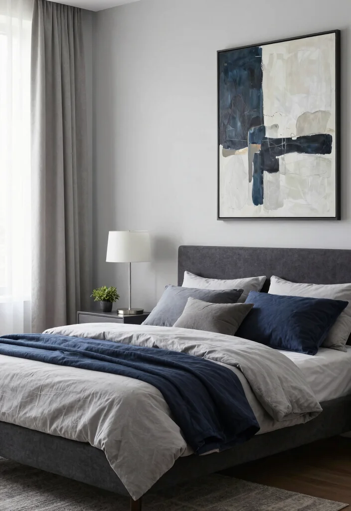 15 Light Gray Bedroom Walls Ideas With Soft Modern Style - 1. Cozy Contrast with Deep Accents 1