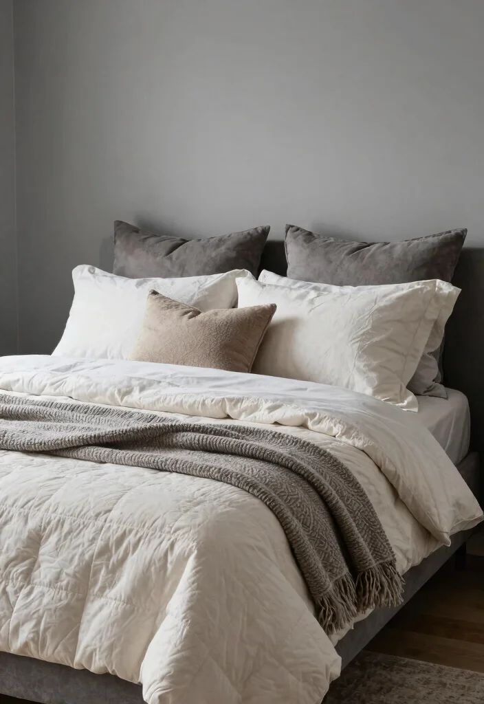 15 Light Gray Bedroom Walls Ideas With Soft Modern Style - 11. Soft Layered Bedding 1