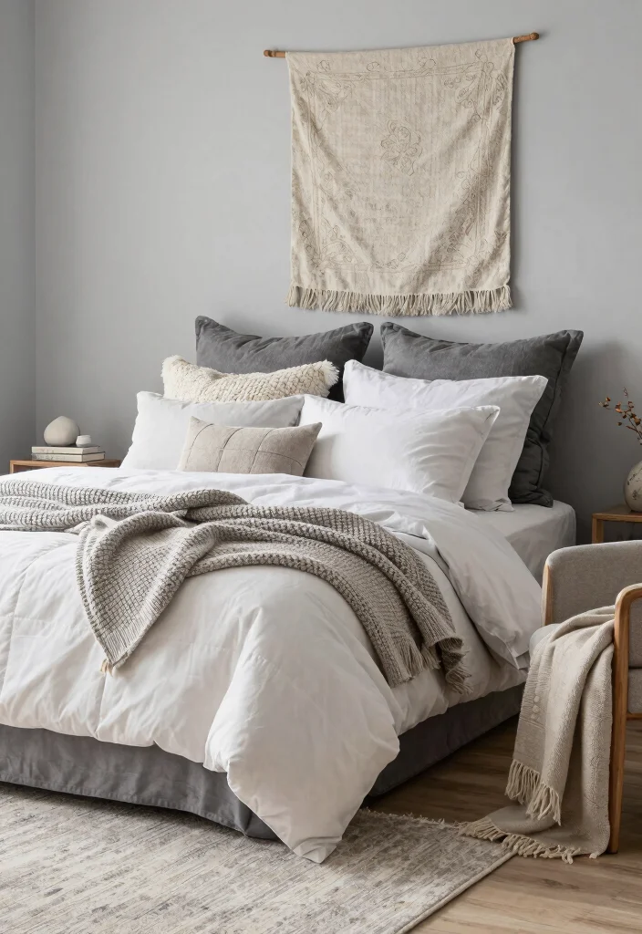 15 Light Gray Bedroom Walls Ideas With Soft Modern Style - 2. Layered Textures for Depth 1