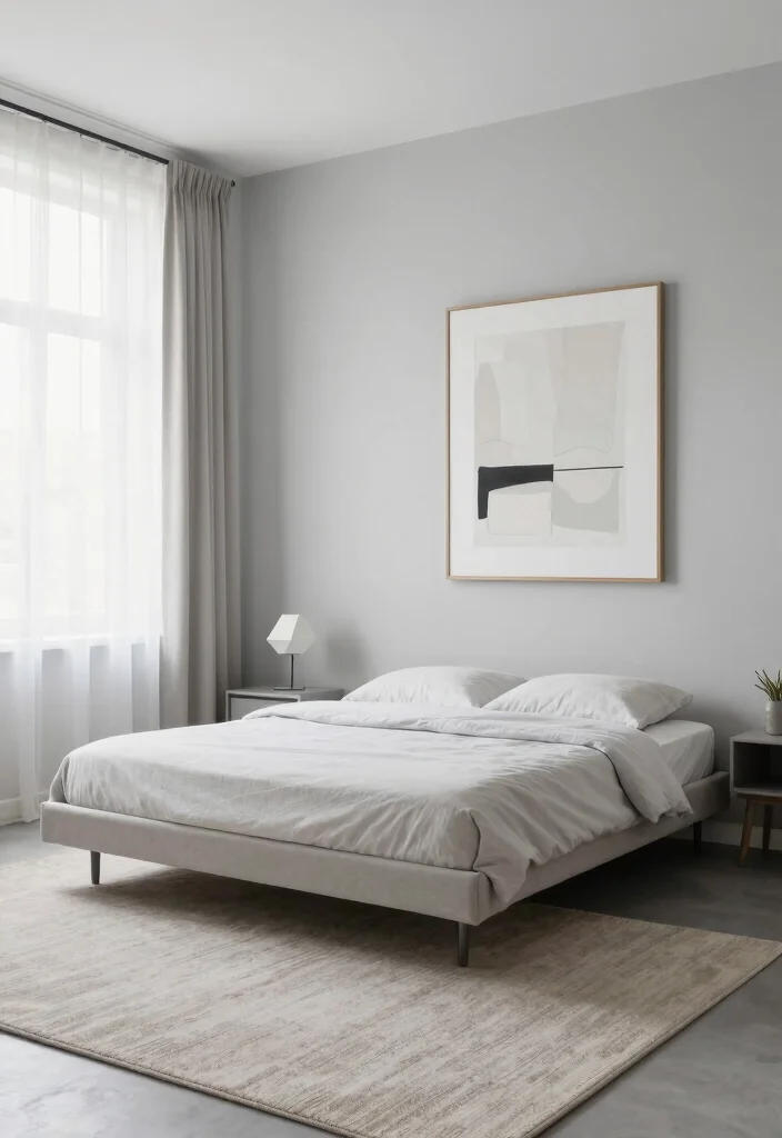15 Light Gray Bedroom Walls Ideas With Soft Modern Style - 4. Minimalist Magic 1