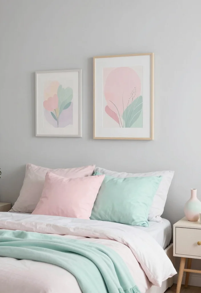 15 Light Gray Bedroom Walls Ideas With Soft Modern Style - 5. Soft Pastel Accents 1