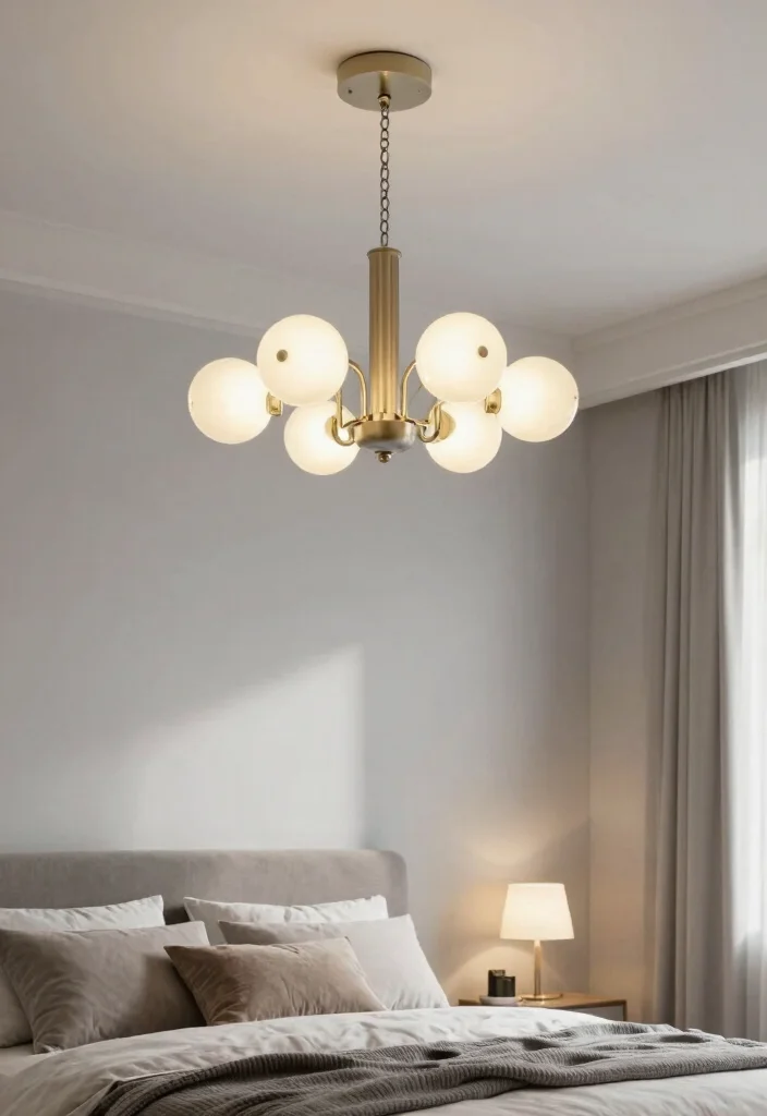 15 Light Gray Bedroom Walls Ideas With Soft Modern Style - 6. Statement Lighting 1