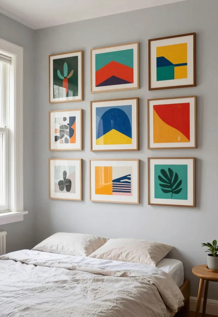 15 Light Gray Bedroom Walls Ideas With Soft Modern Style - 7. Gallery Wall Glam 1