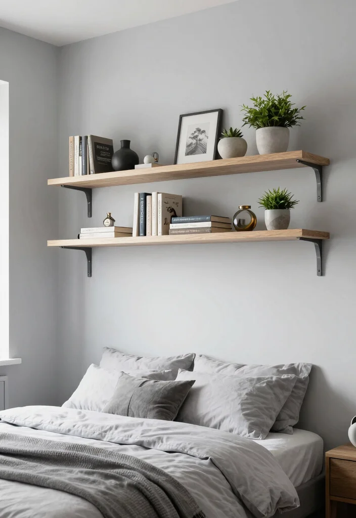 15 Light Gray Bedroom Walls Ideas With Soft Modern Style - 9. Floating Shelves 1