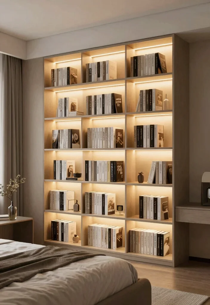 16 Bookshelves Ideas for Bedroom That Feel Stylish & Functional - 11. Bookshelves with Integrated Lighting 1