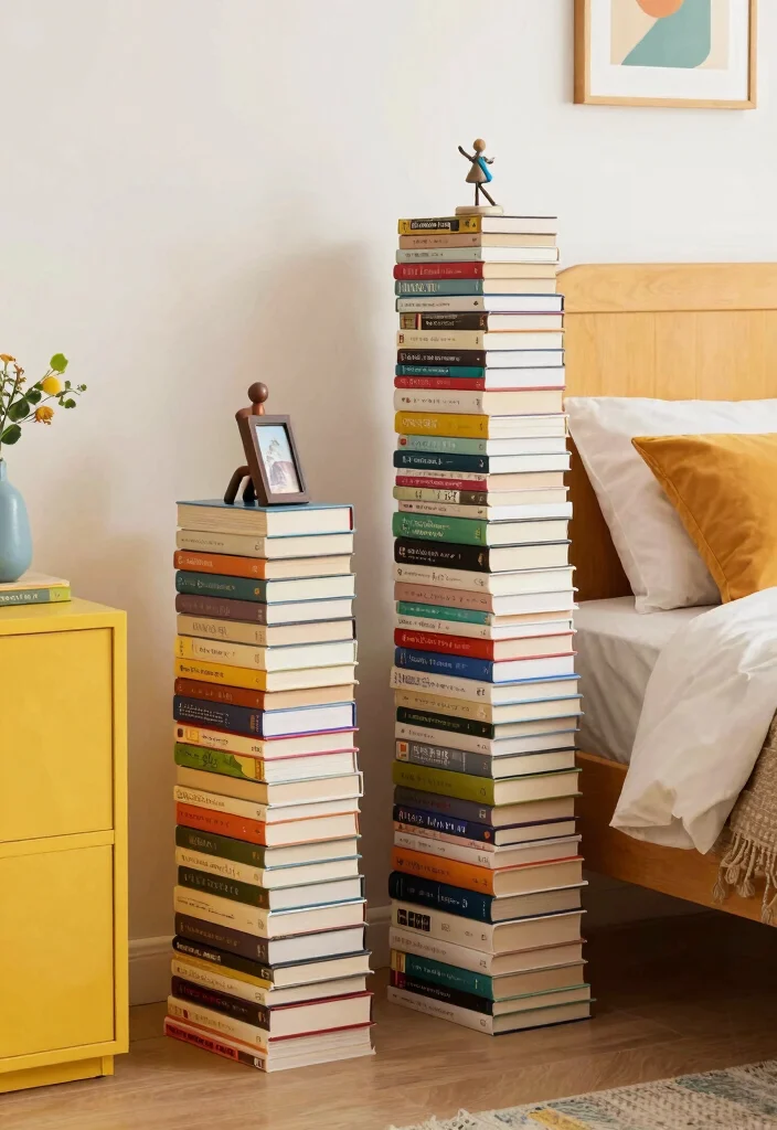 16 Bookshelves Ideas for Bedroom That Feel Stylish & Functional - 13. Vertical Book Stacks for a Unique Display 1
