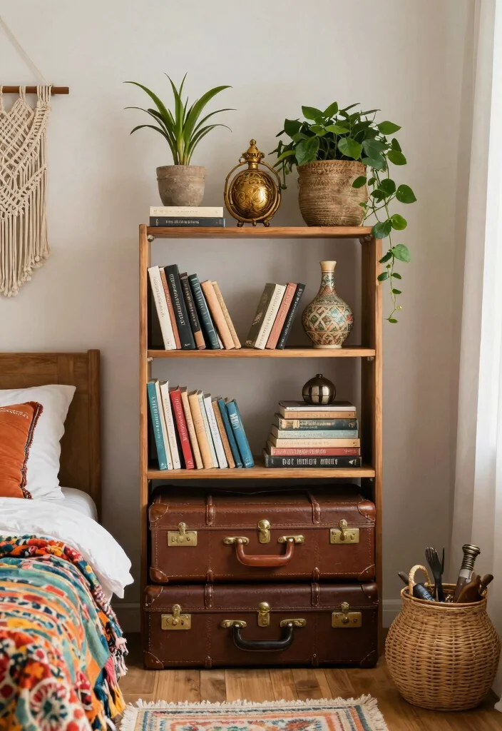 16 Bookshelves Ideas for Bedroom That Feel Stylish & Functional - 15. Vintage Suitcase Bookshelves for a Bohemian Touch 1