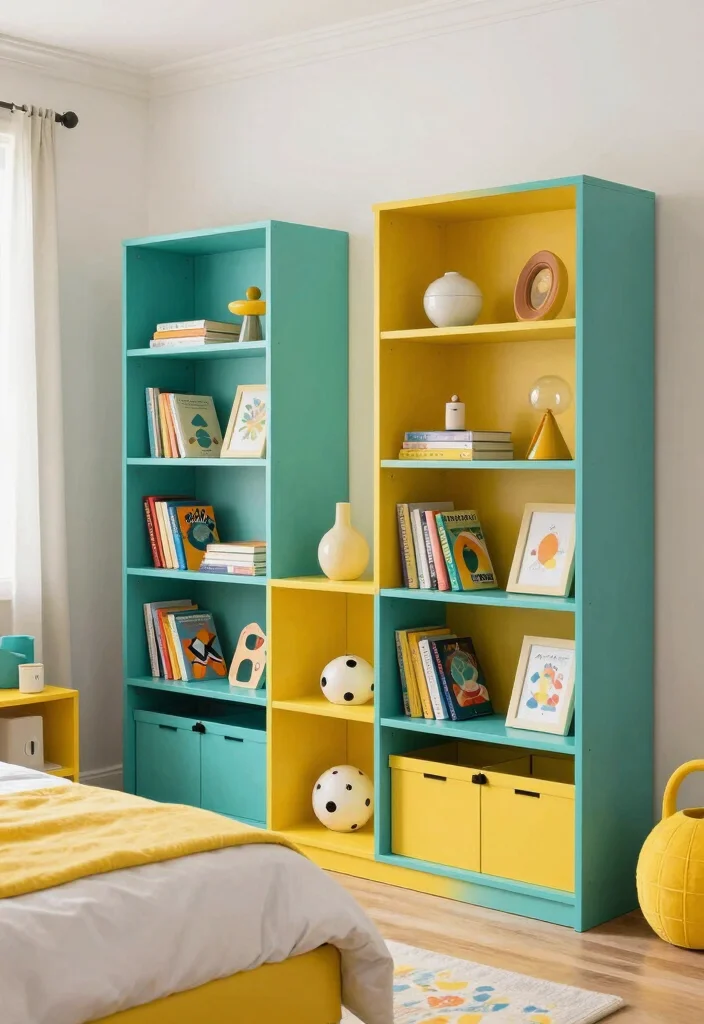 16 Bookshelves Ideas for Bedroom That Feel Stylish & Functional - 16. Colorful Bookshelves for a Playful Atmosphere 1