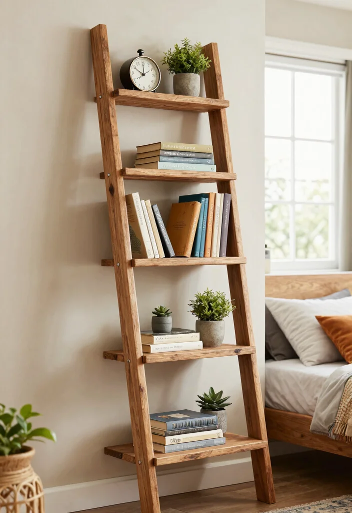 16 Bookshelves Ideas for Bedroom That Feel Stylish & Functional - 2. Ladder Shelf for Vertical Storage 1