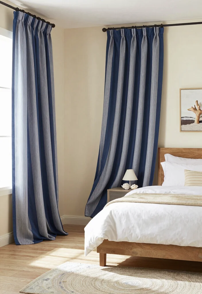 16 Navy Blue Curtains Bedroom Ideas With Cozy Luxe Vibes - 1. Striped Elegance 1