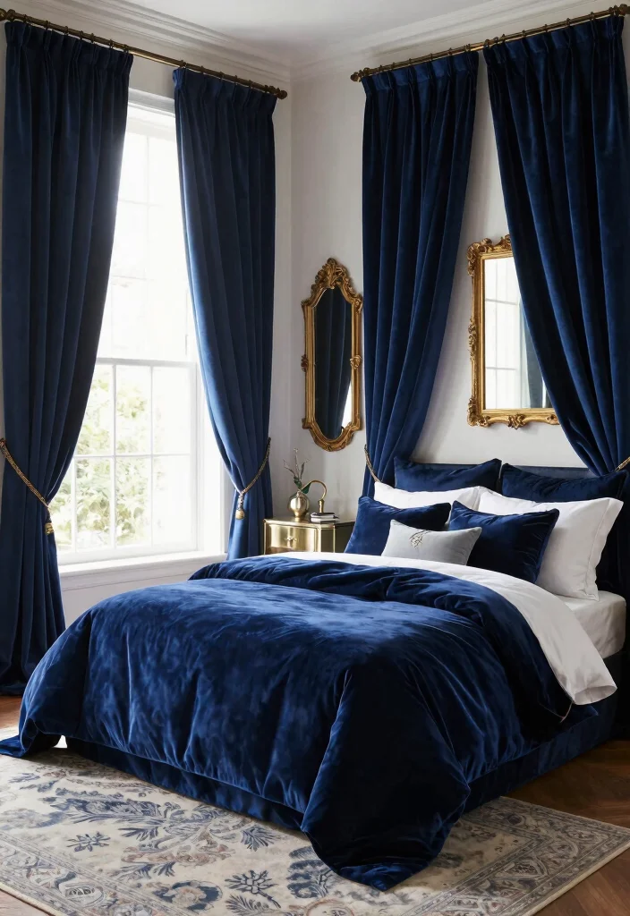 16 Navy Blue Curtains Bedroom Ideas With Cozy Luxe Vibes - 2. Velvet Luxe 1