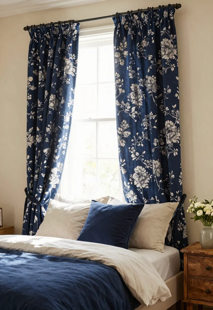 16 Navy Blue Curtains Bedroom Ideas With Cozy Luxe Vibes - 3. Floral Accents 1