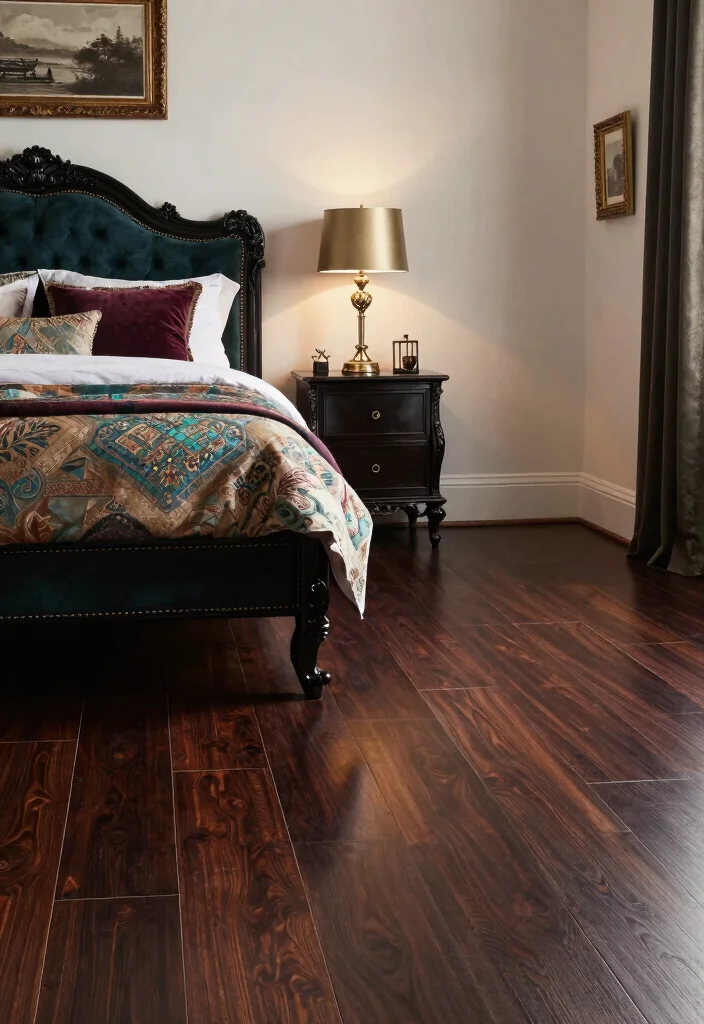 16 Wooden Tiles Flooring Bedroom Ideas With Warm Natural Texture - 13. Opt for Dark Wood for a Dramatic Impact 1