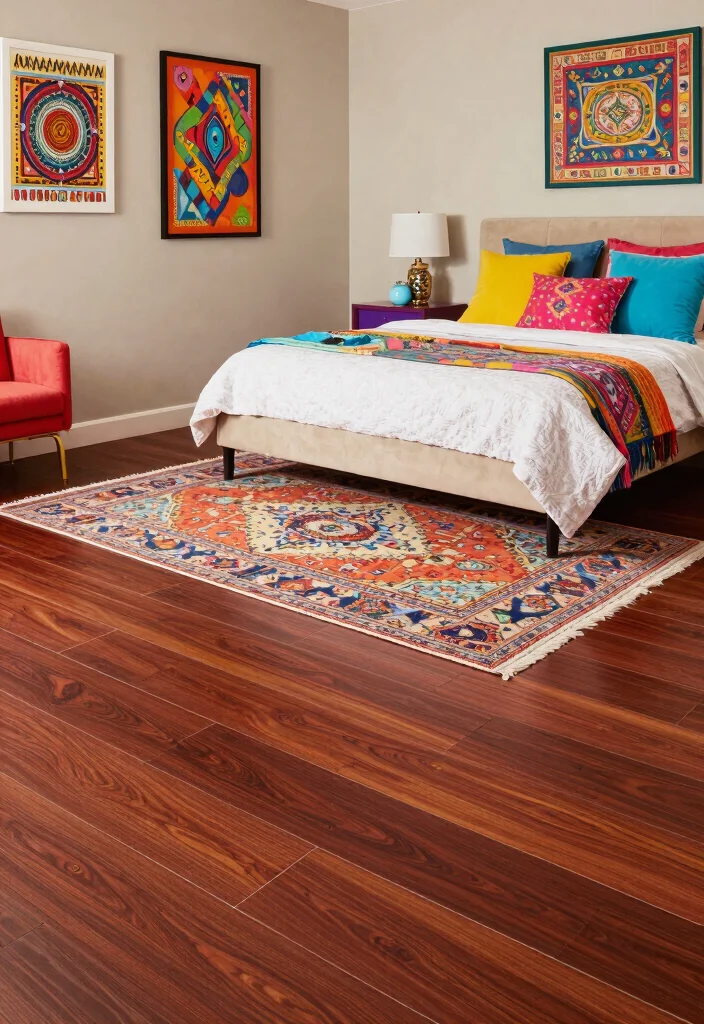16 Wooden Tiles Flooring Bedroom Ideas With Warm Natural Texture - 3. Incorporate Bold Colors and Patterns 1