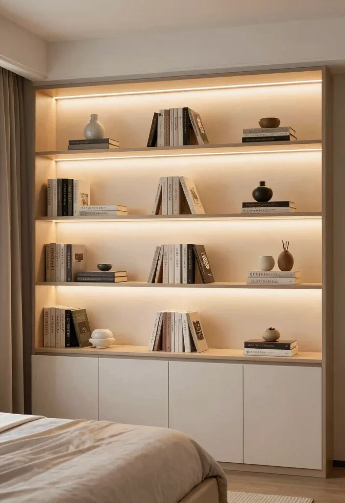 18 Built in Shelves Bedroom Ideas That Maximize Every Inch - 16. Shelves with Integrated Lighting 1